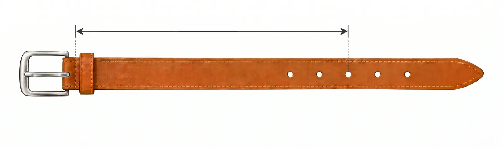 Belt size measurement diagram illustrating the distance measured from the leather fold at the buckle to the middle hole on the strap.