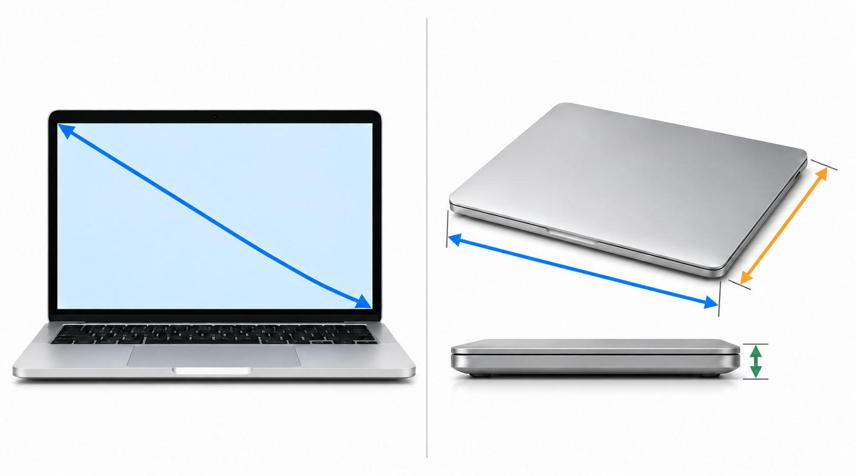 Diagram illustrating how to measure a laptop screen size diagonally and body dimensions when closed.